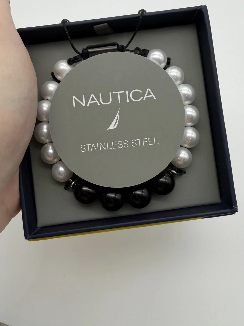 Nautica Silver and Black Beaded Stainless Steel Bracelets
